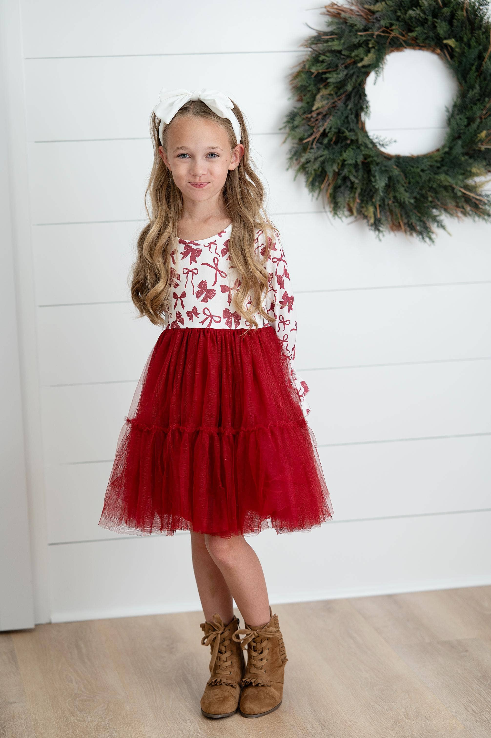Girls Ella Berry Red Bow Holiday Christmas Twirl Dress