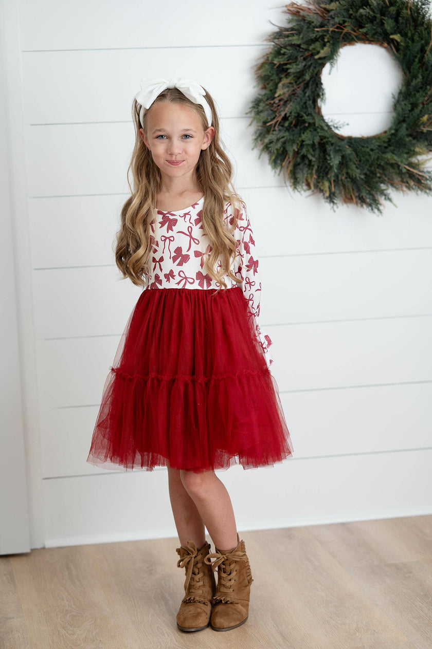 Girls Ella Berry Red Bow Holiday Christmas Twirl Dress