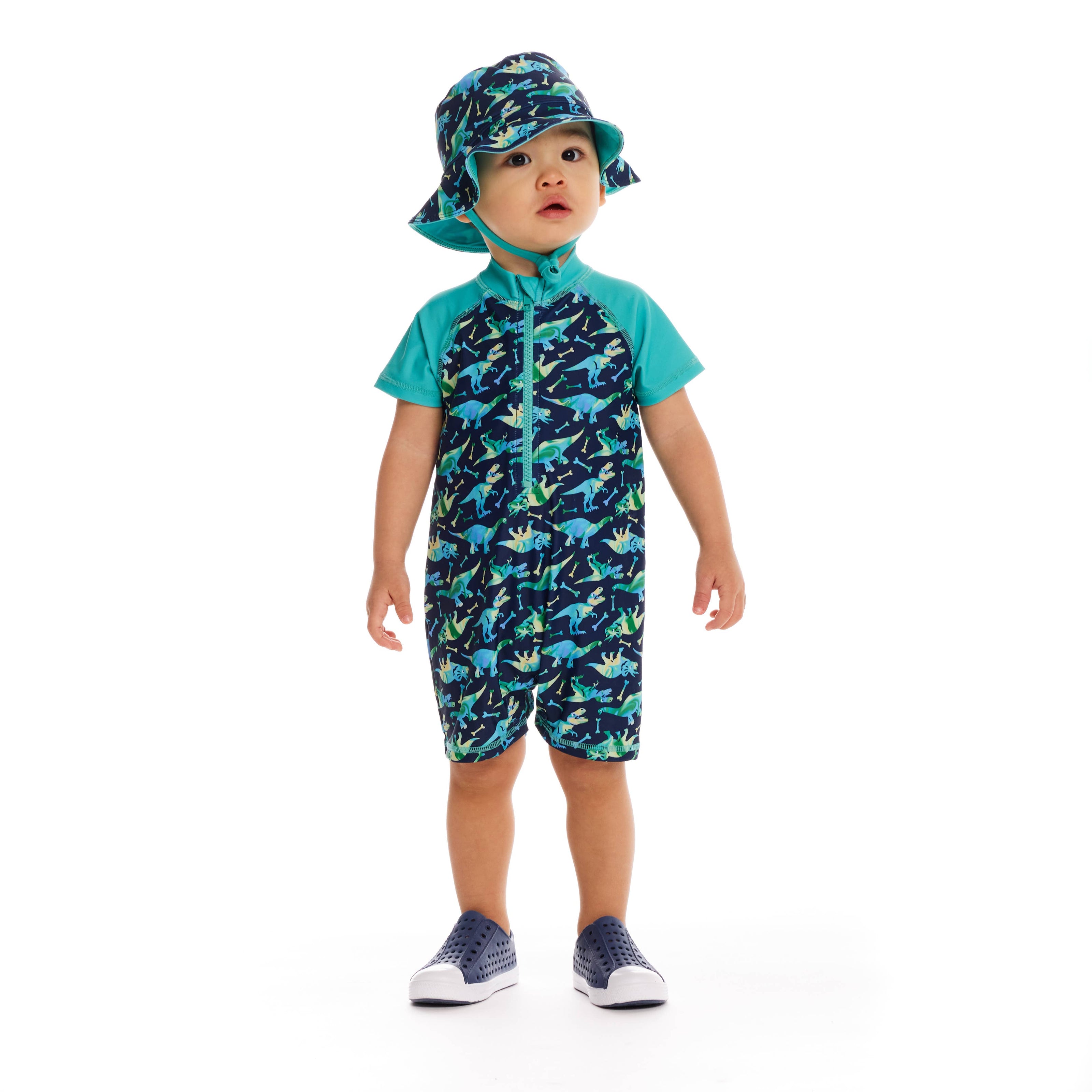 Dino Print Swim Romper and Hat