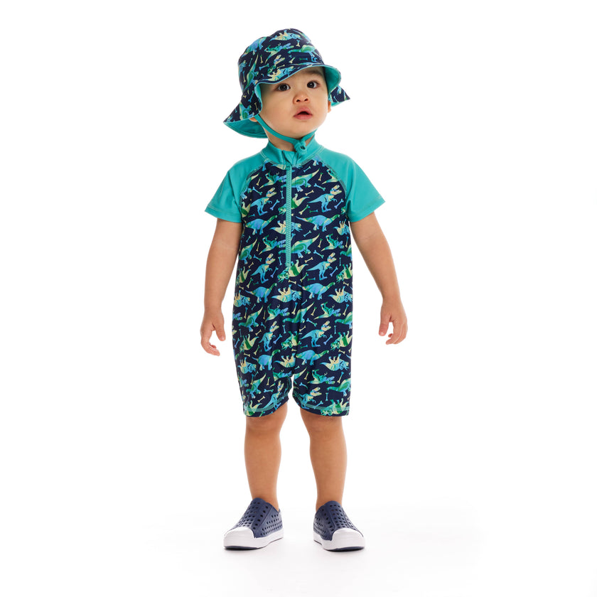 Dino Print Swim Romper and Hat