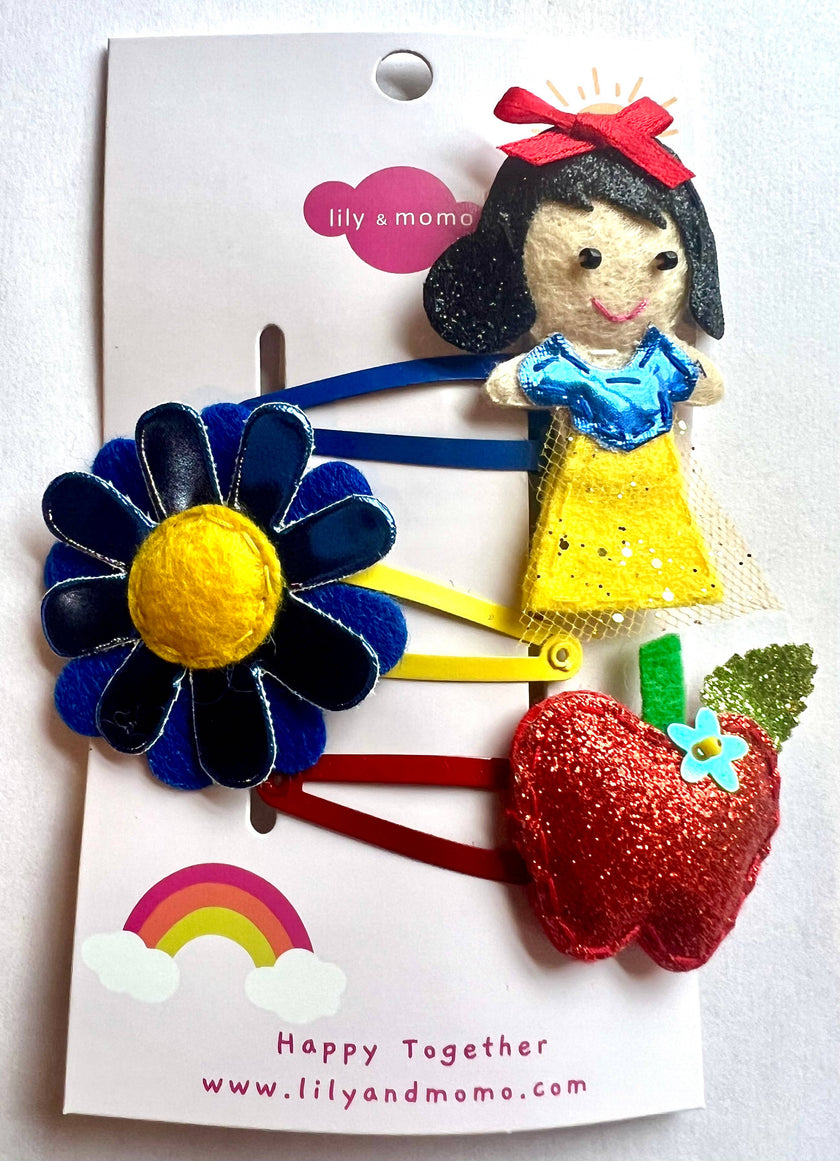 Apple Princess Trio Hair Clips- Red and Blue