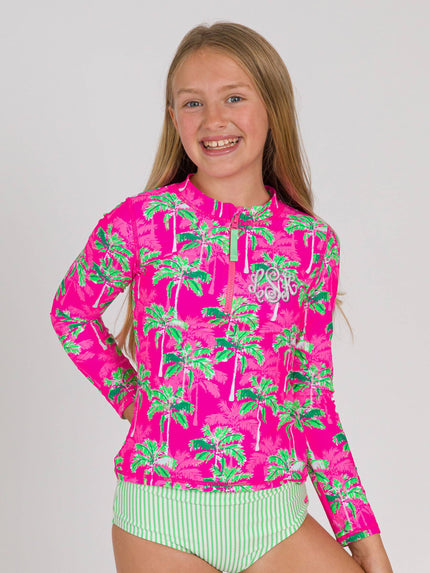 Tween Girls Neon Palm Paradise Long Sleeve Zipper Rash Guard 2-Piece Swimsuit
