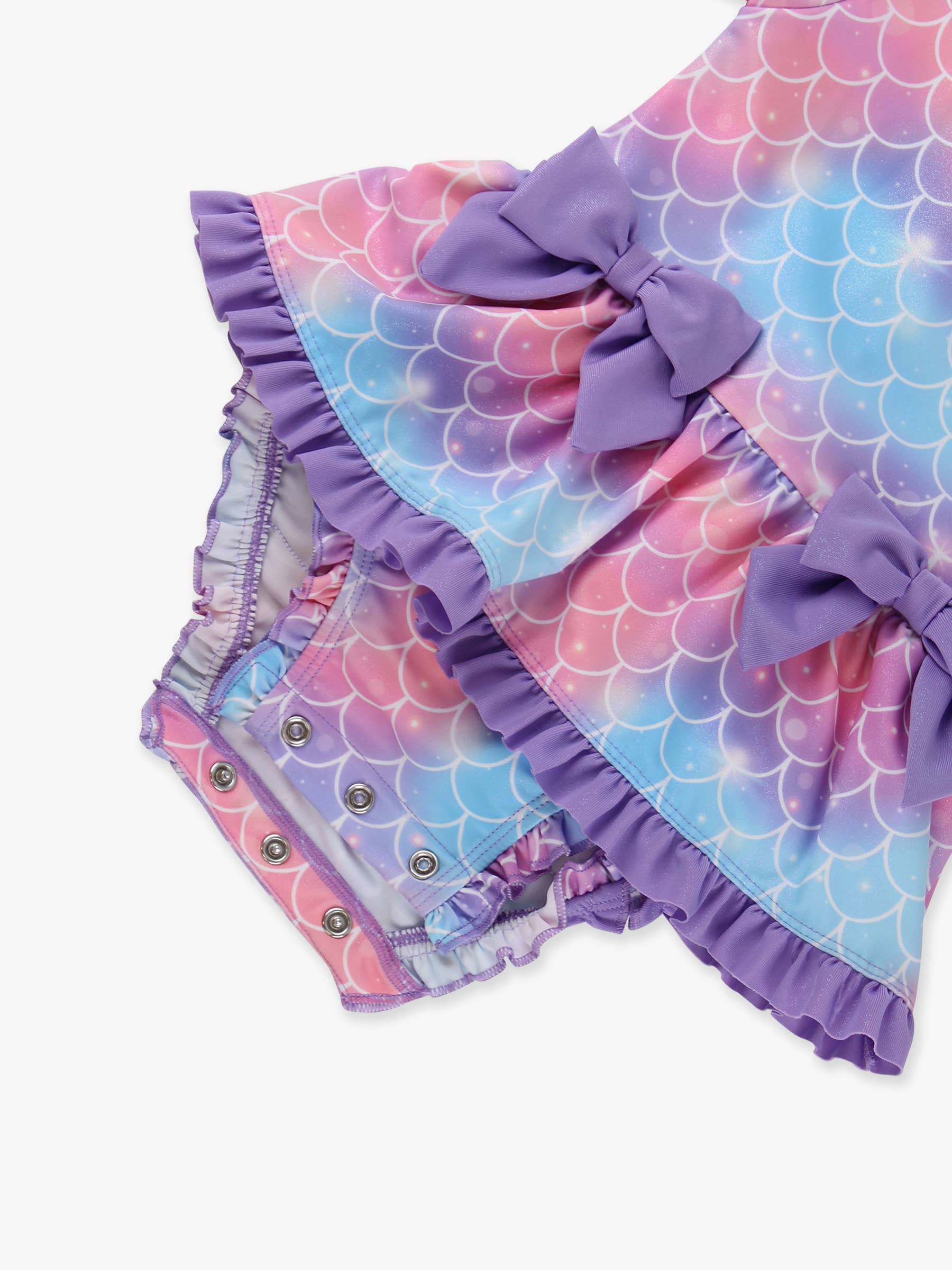 Baby Girls Shimmer Mermaid Tale Long Sleeve One Piece Bow Peplum Rash Guard Swimsuit with Signature Rear Ruffles
