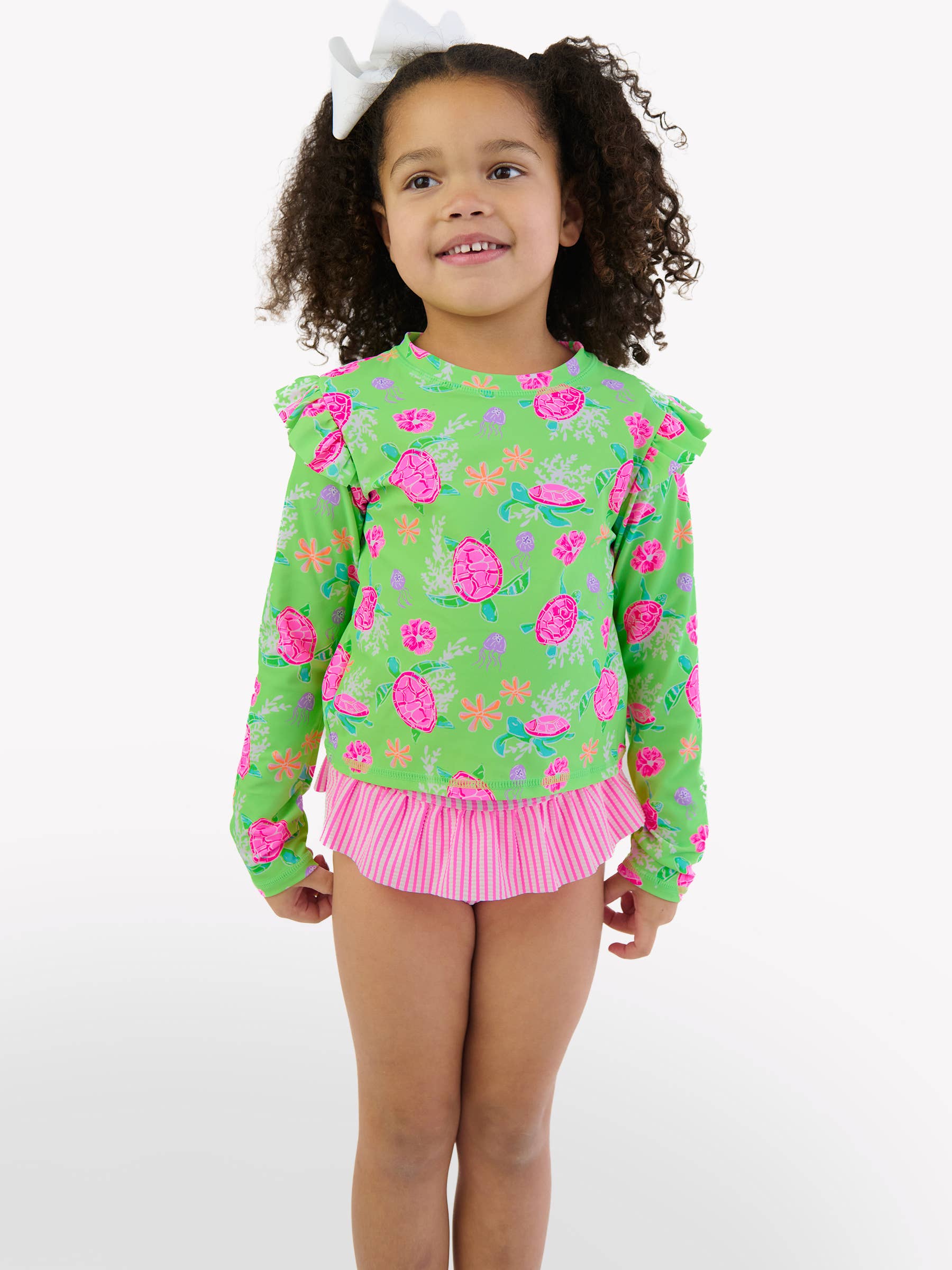 Girls Neon Turtle Tide Flutter Long Sleeve Rash Guard Skirted 2-Piece Swimsuit