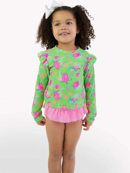 Girls Neon Turtle Tide Flutter Long Sleeve Rash Guard Skirted 2-Piece Swimsuit