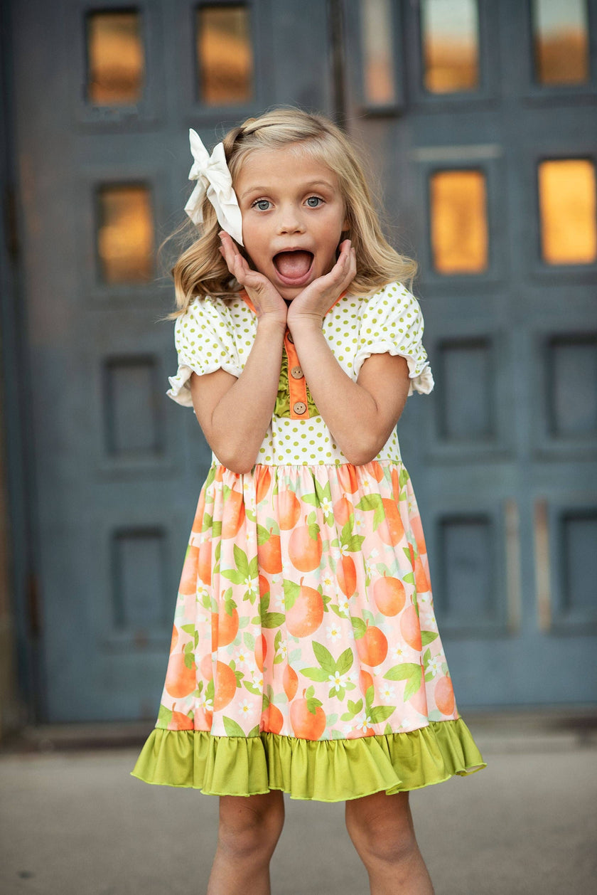 Kids Tangerine Ruffle Button Dress