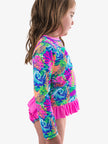 Girls Neon Ocean Coral Long Sleeve Rash Guard 2-Piece Swimsuit with Signature Rear Ruffles