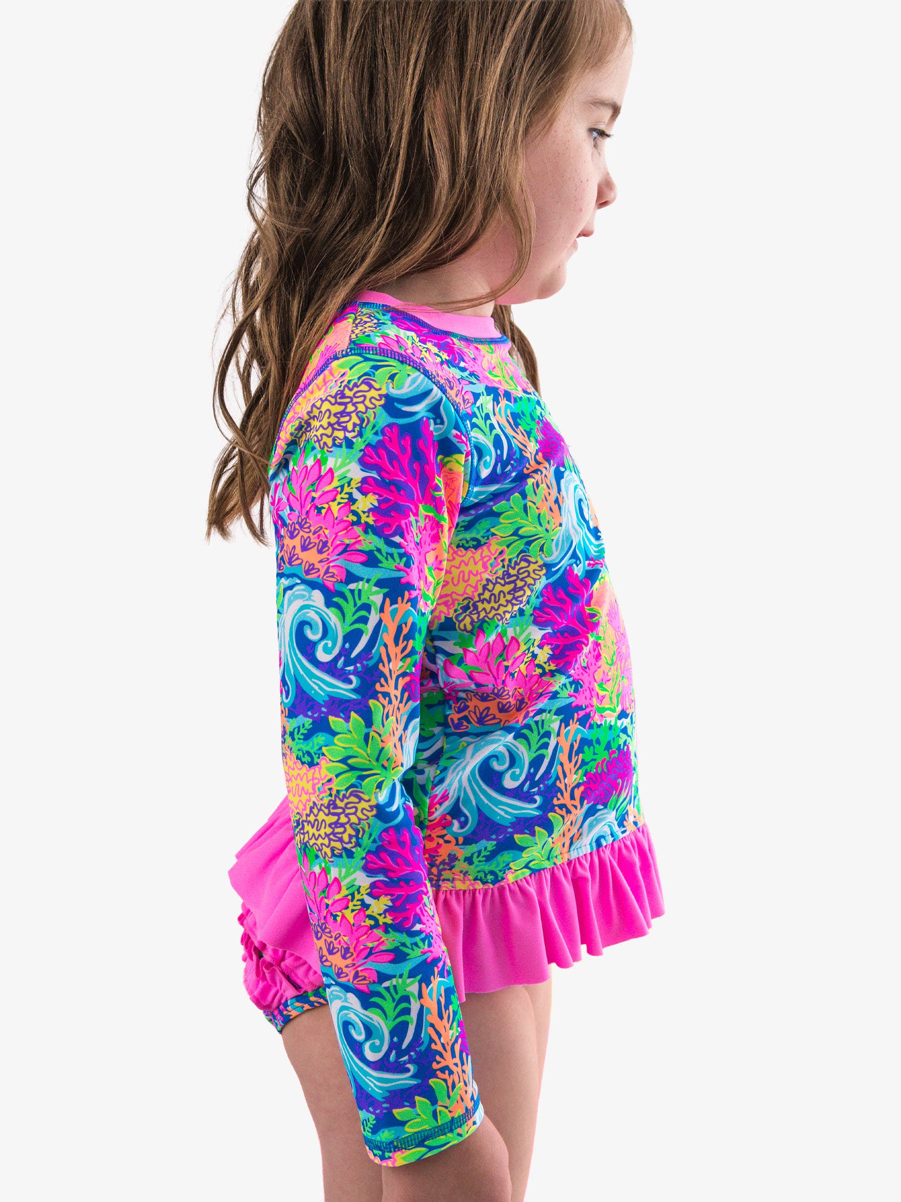 Girls Neon Ocean Coral Long Sleeve Rash Guard 2-Piece Swimsuit with Signature Rear Ruffles