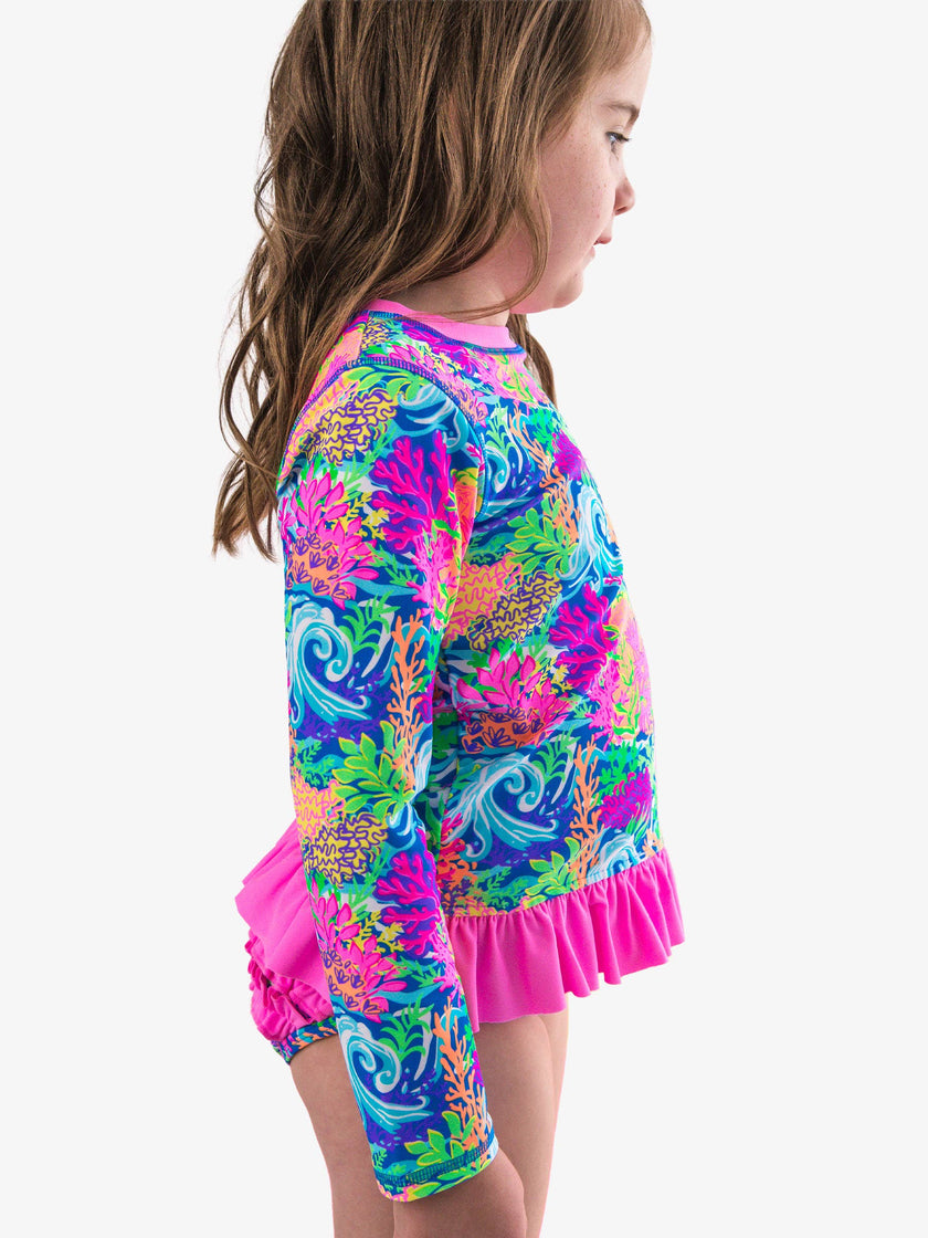 Girls Neon Ocean Coral Long Sleeve Rash Guard 2-Piece Swimsuit with Signature Rear Ruffles