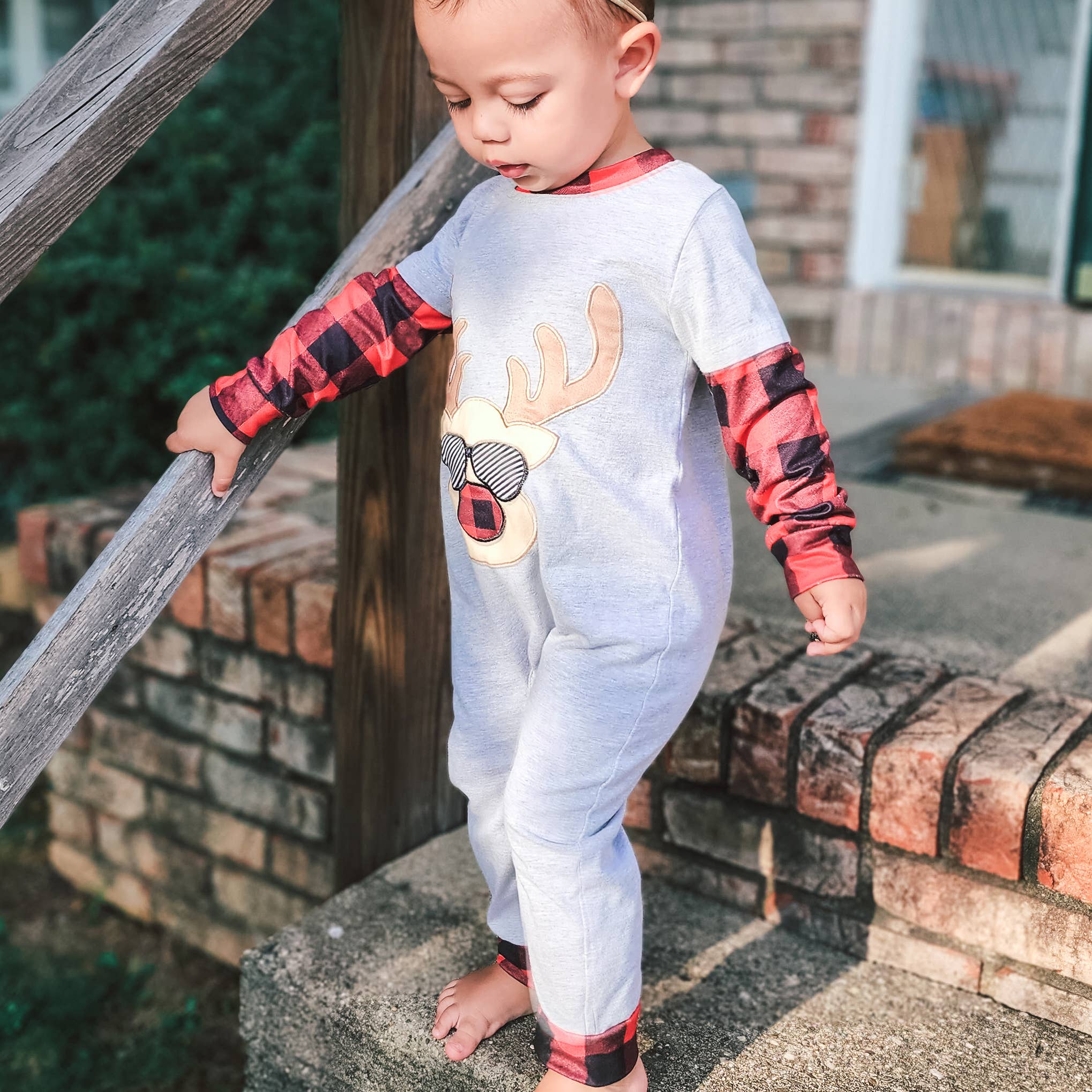Baby Boys Christmas Romper Rudolph Reindeer Plaid Onesie