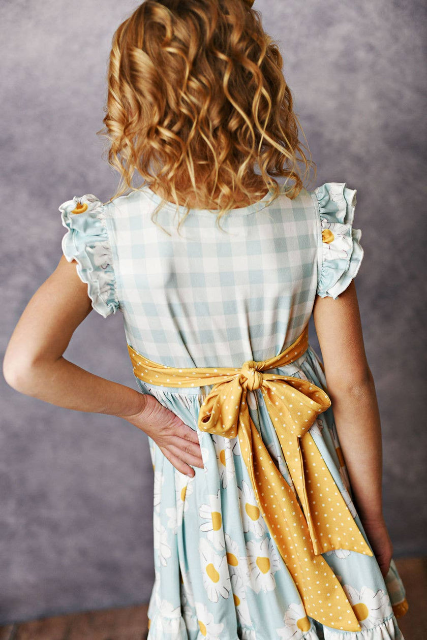 Kids Gingham Check Daisy Ruffle Twirl Spring Easter Dress