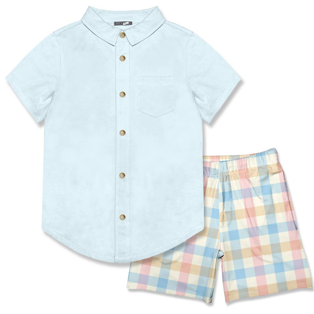 Boys Ice Blue Short-Sleeve Button-Up & Pocket Shorts