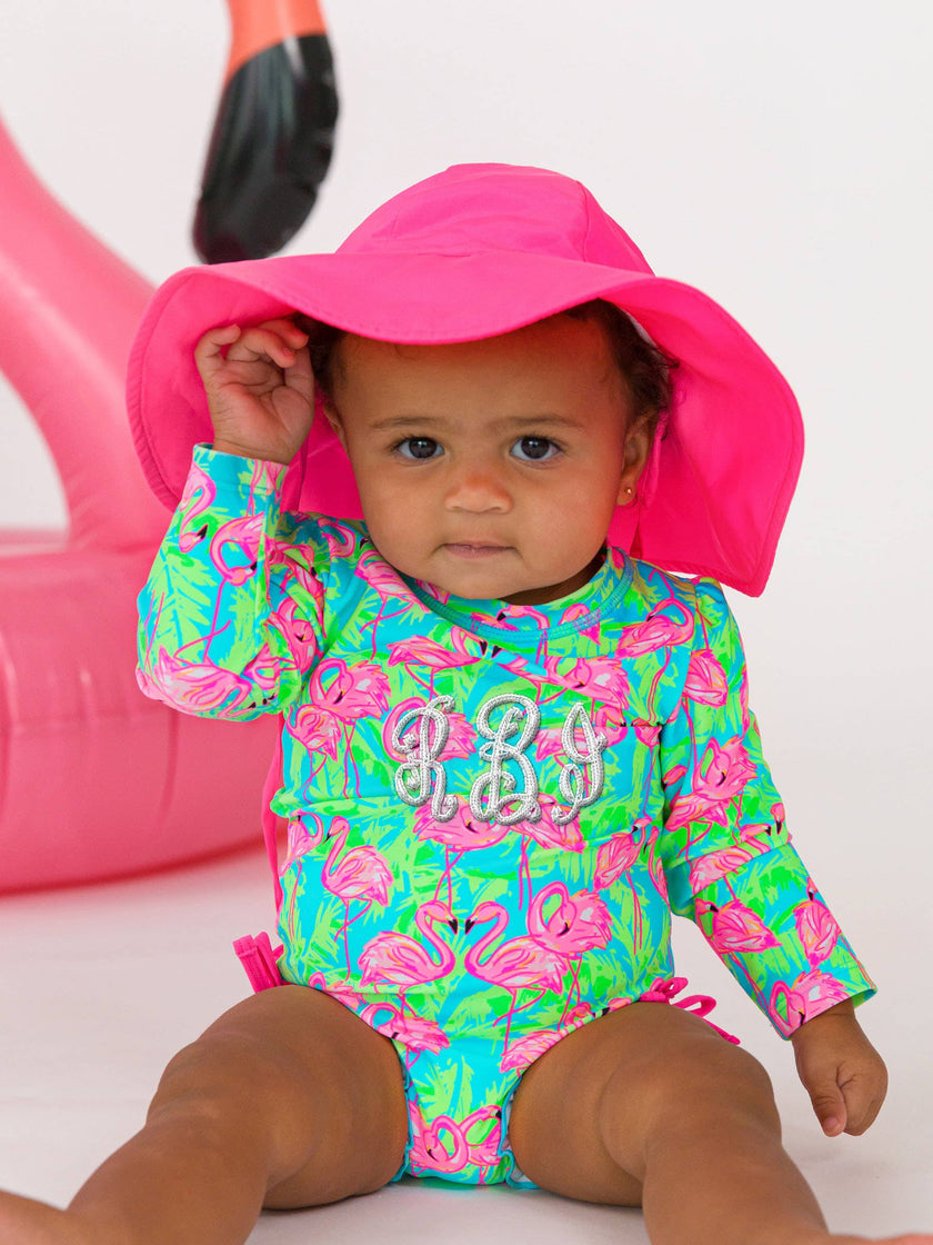 Baby Girls Neon Flamingo Fun Long Sleeve One Piece Rash Guard Swimsuit