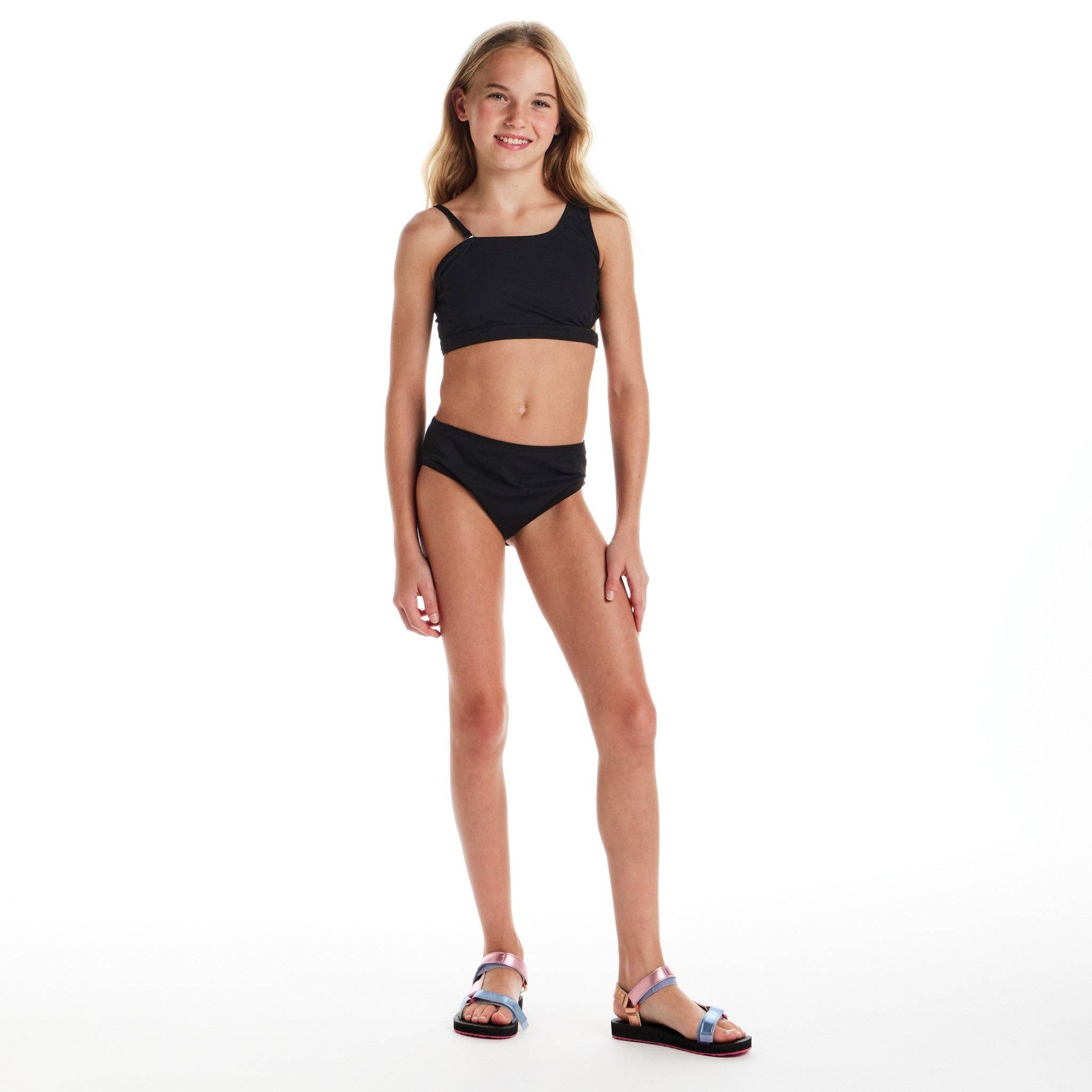 Tween Girls Rib Asymmetrical Bikini | Black