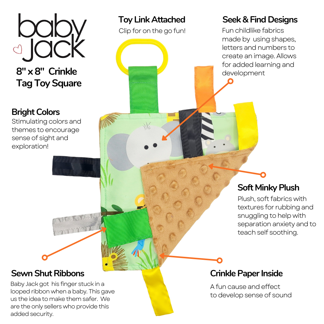 Jungle Zoo Crinkle Tag Square 8x8 Tummy Time Toy 8