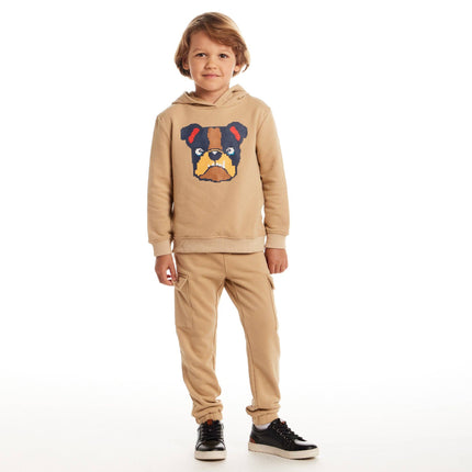 Kids Hooded Patch Sweatshirt & Pant Set | Beige Bulldog