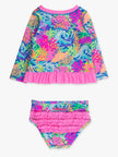 Girls Neon Ocean Coral Long Sleeve Rash Guard 2-Piece Swimsuit with Signature Rear Ruffles