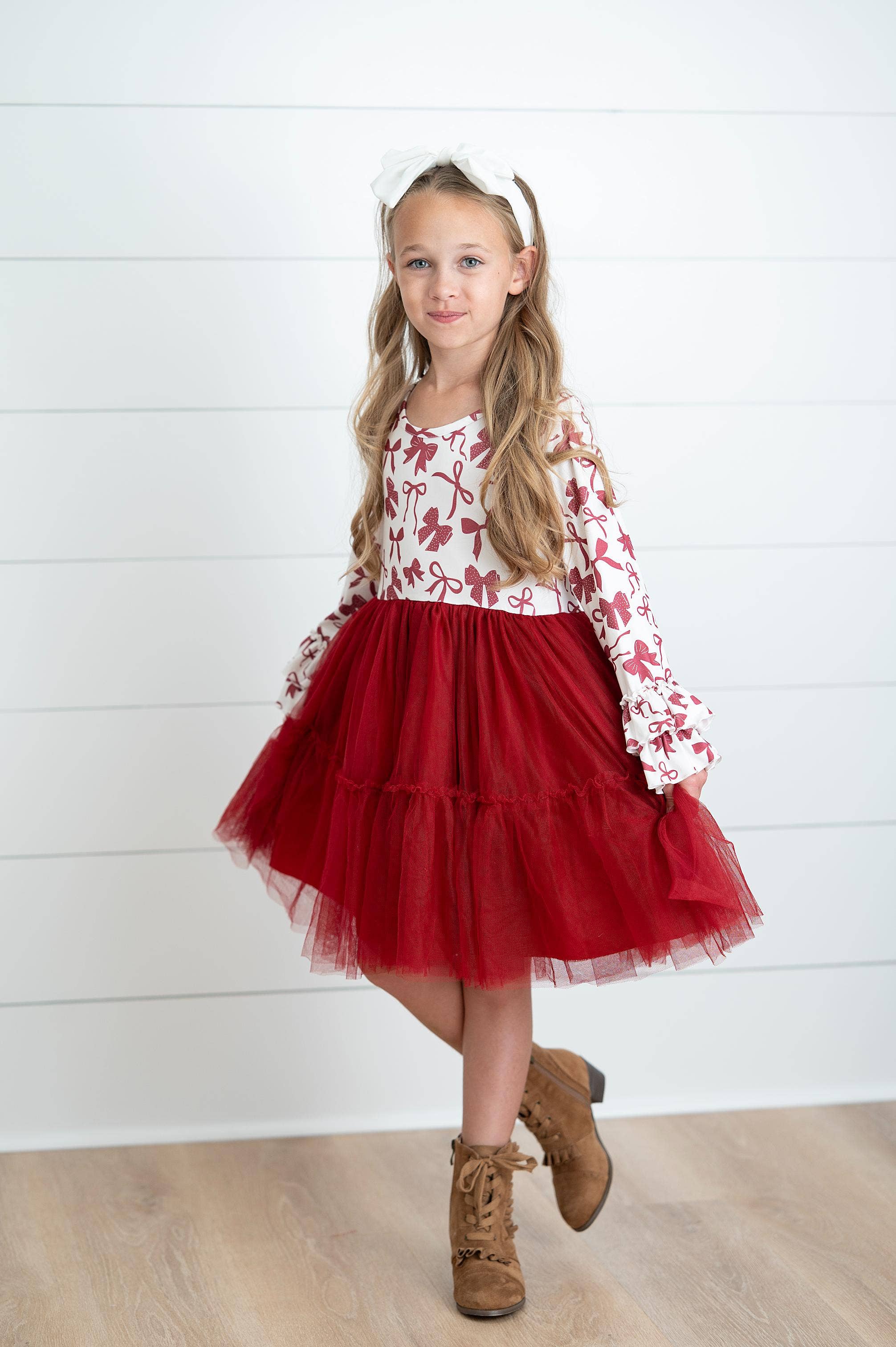 Girls Ella Berry Red Bow Holiday Christmas Twirl Dress