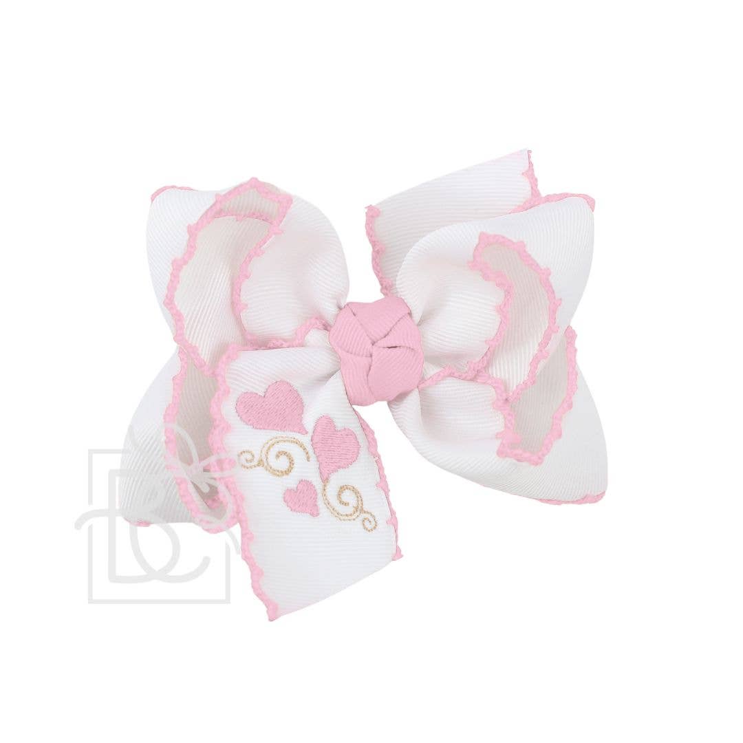 Pink Embroidered Crochet Edge Heart Hair Bow on Alligator Clip
