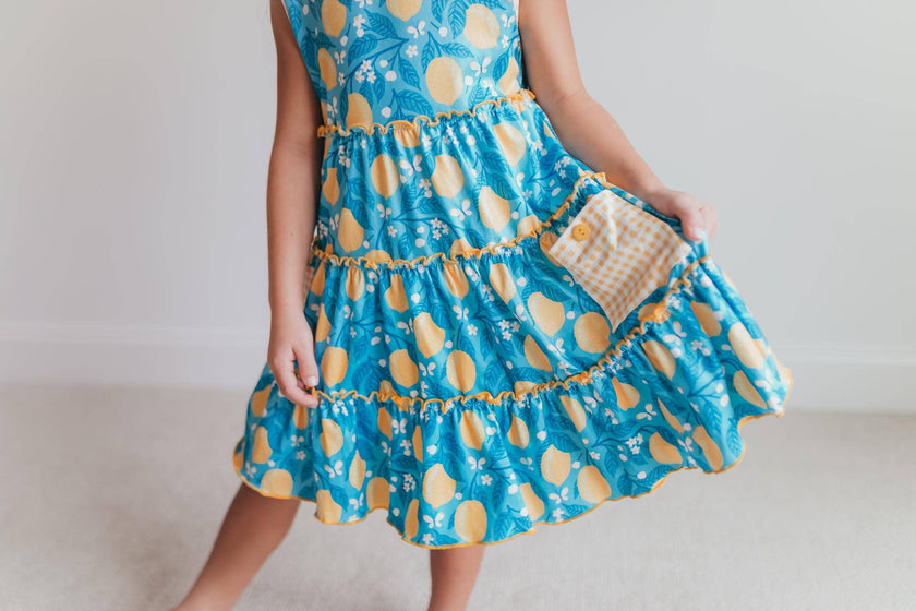 Kids Teal Lemon Pocket Bow Spring Easter Ruffle Dress