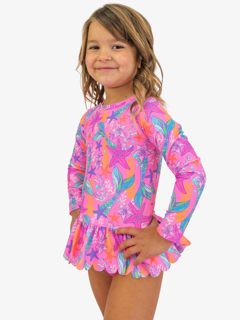 Girls Neon Shimmer Mermaid Scallop Hem Long Sleeve Rash Guard 2-Piece Swimsuit with Signature Rear Ruffles