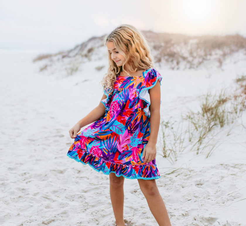 Bright Pink Blue Tropical Ruffle Spring Summer Dress Little-Minnows Bright Pink Blue Tropical Ruffle Spring Summer Dress Little-Minnows