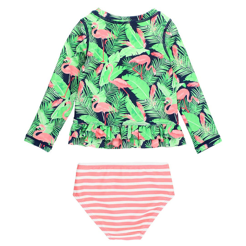 Flamingo Frenzy Ruffle Hem Rash Guard 2-piece
