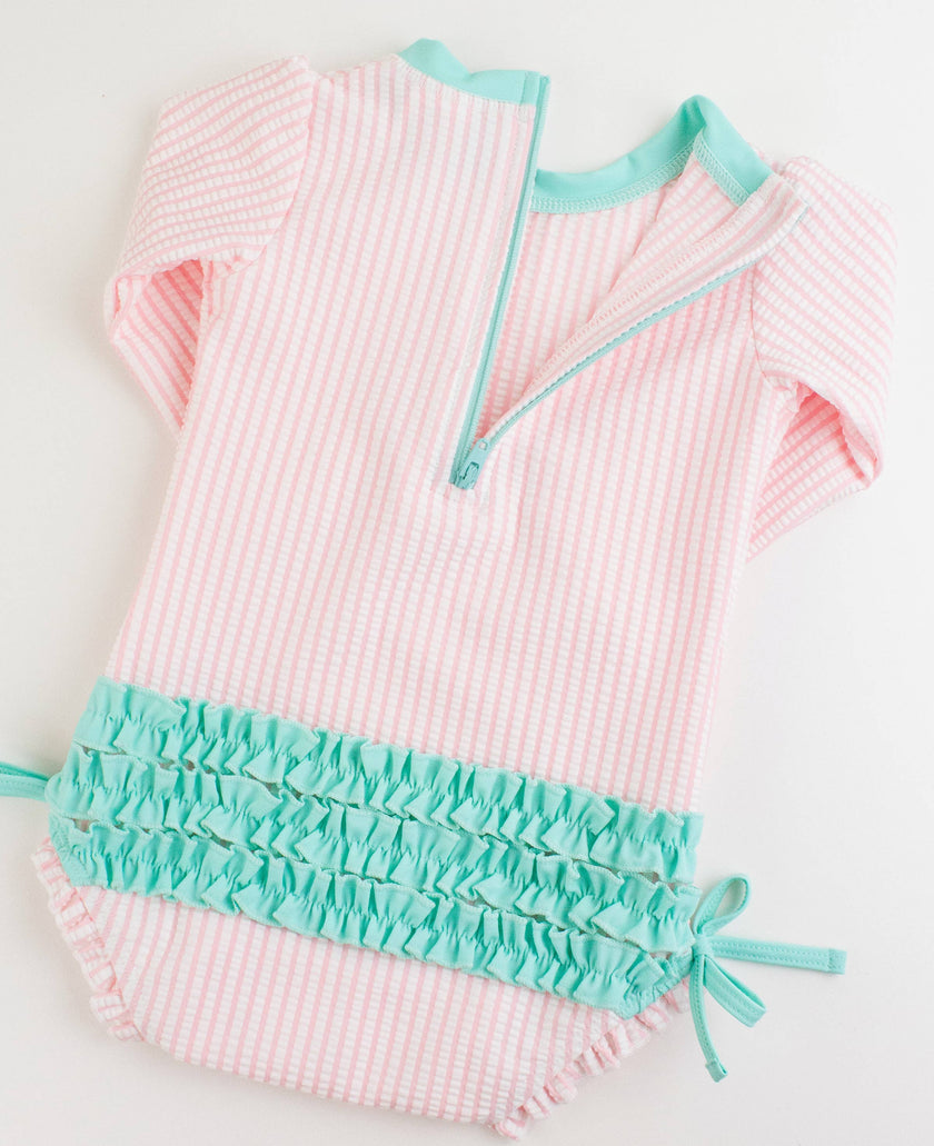 Pink Seersucker Long Sleeve One Piece Rash Guard