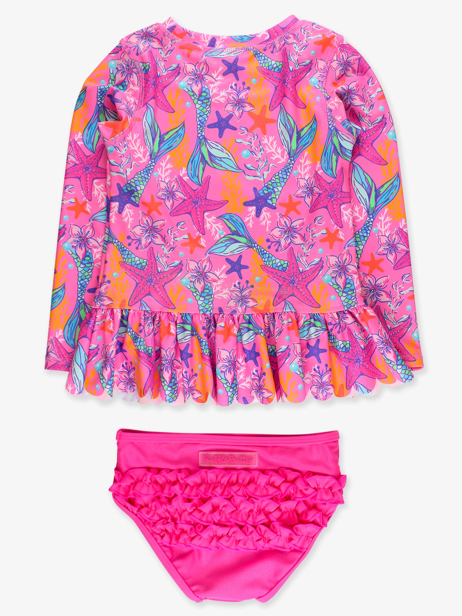 Girls Neon Shimmer Mermaid Scallop Hem Long Sleeve Rash Guard 2-Piece Swimsuit with Signature Rear Ruffles