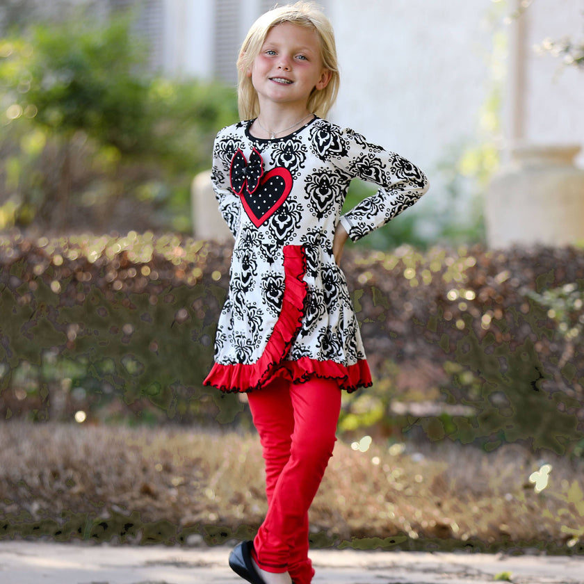 Damask Heart Top & Red Leggings Girls Valentine's Day Outfit