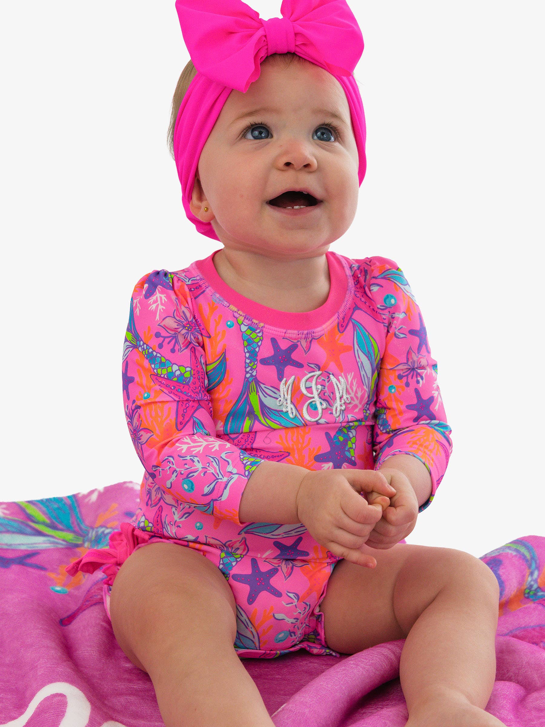 Baby Girls Neon Shimmer Mermaid Long Sleeve One Piece Rash Guard Swimsuit with Signature Rear Ruffles