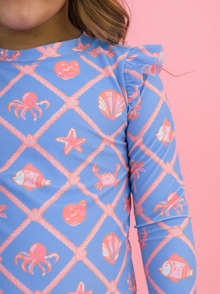 Girls Tropical Trellis Flutter Long Sleeve Rash Guard Skirted 2-Piece Swimsuit