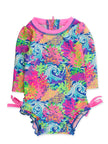 Baby Girls Neon Ocean Coral Long Sleeve One Piece Rash Guard Swimsuit with Signature Rear Ruffles