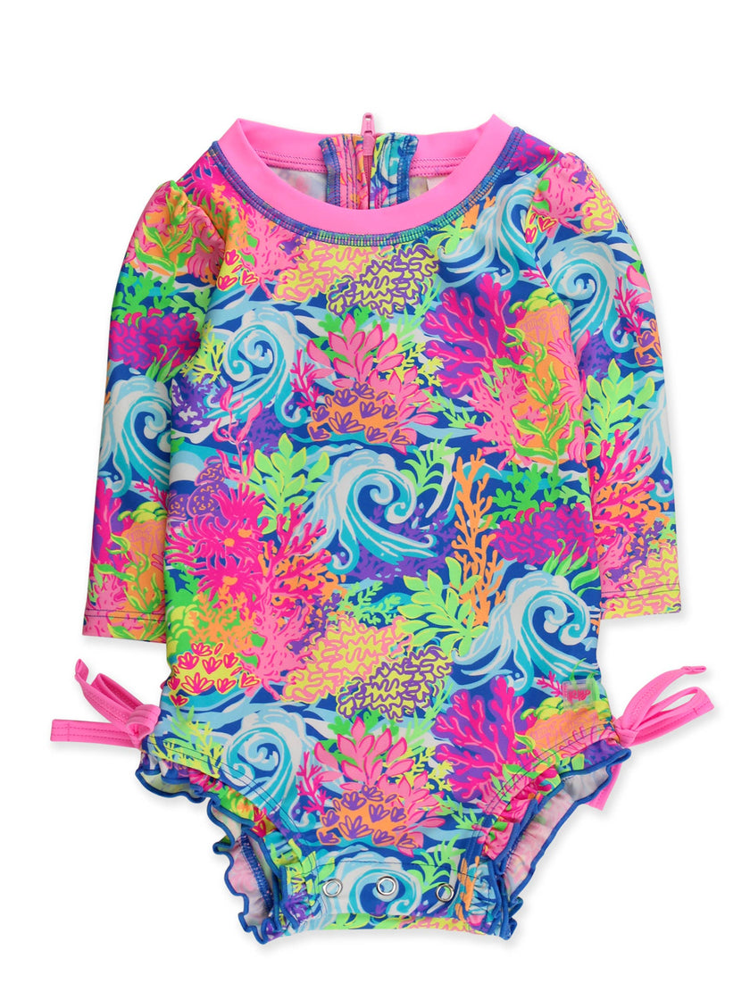 Baby Girls Neon Ocean Coral Long Sleeve One Piece Rash Guard Swimsuit with Signature Rear Ruffles