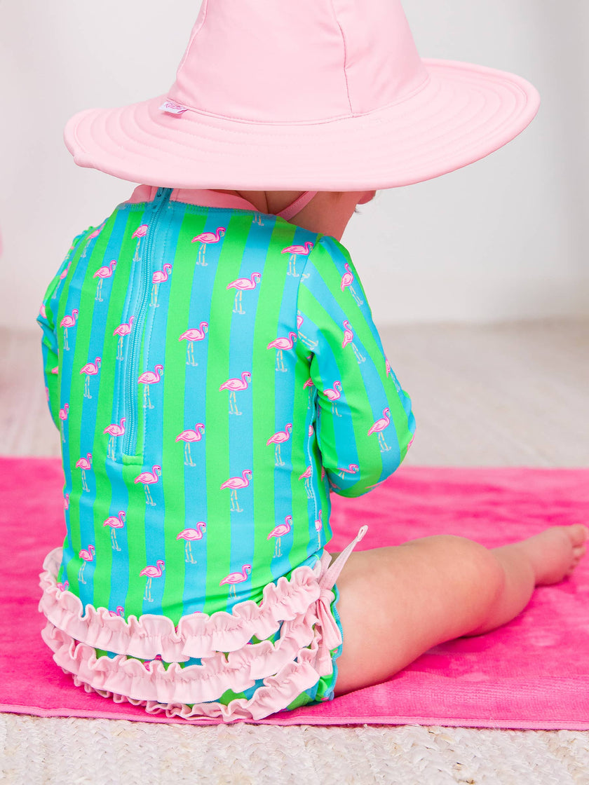 Neon Flamingo Stripe Long Sleeve One Piece Rash Guard