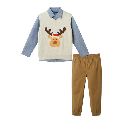 Kids Sweater Vest Holiday Set | Beige Reindeer