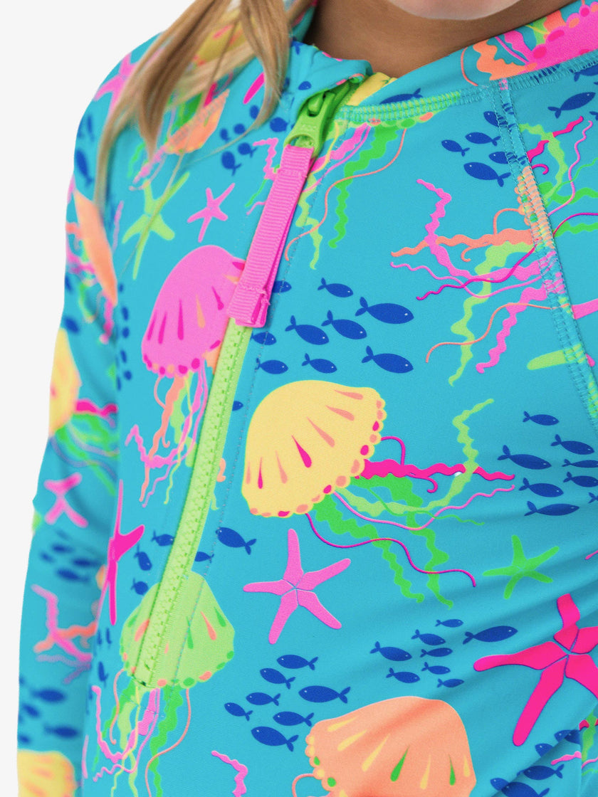Girls Neon Jelly Time Long Sleeve One Piece Rash Guard Swimsuit