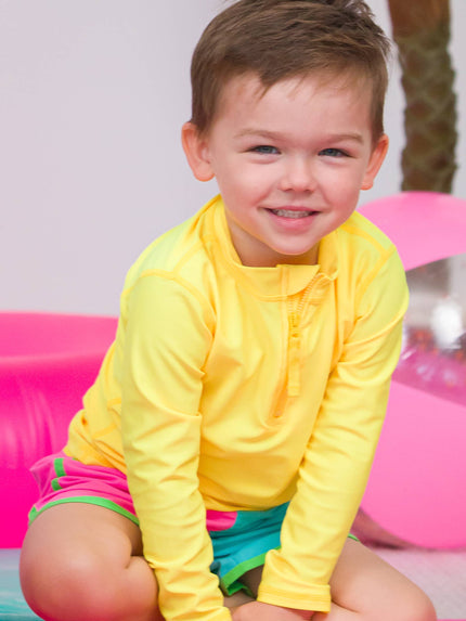 Boys Neon Yellow Long Sleeve Zipper Rash Guard