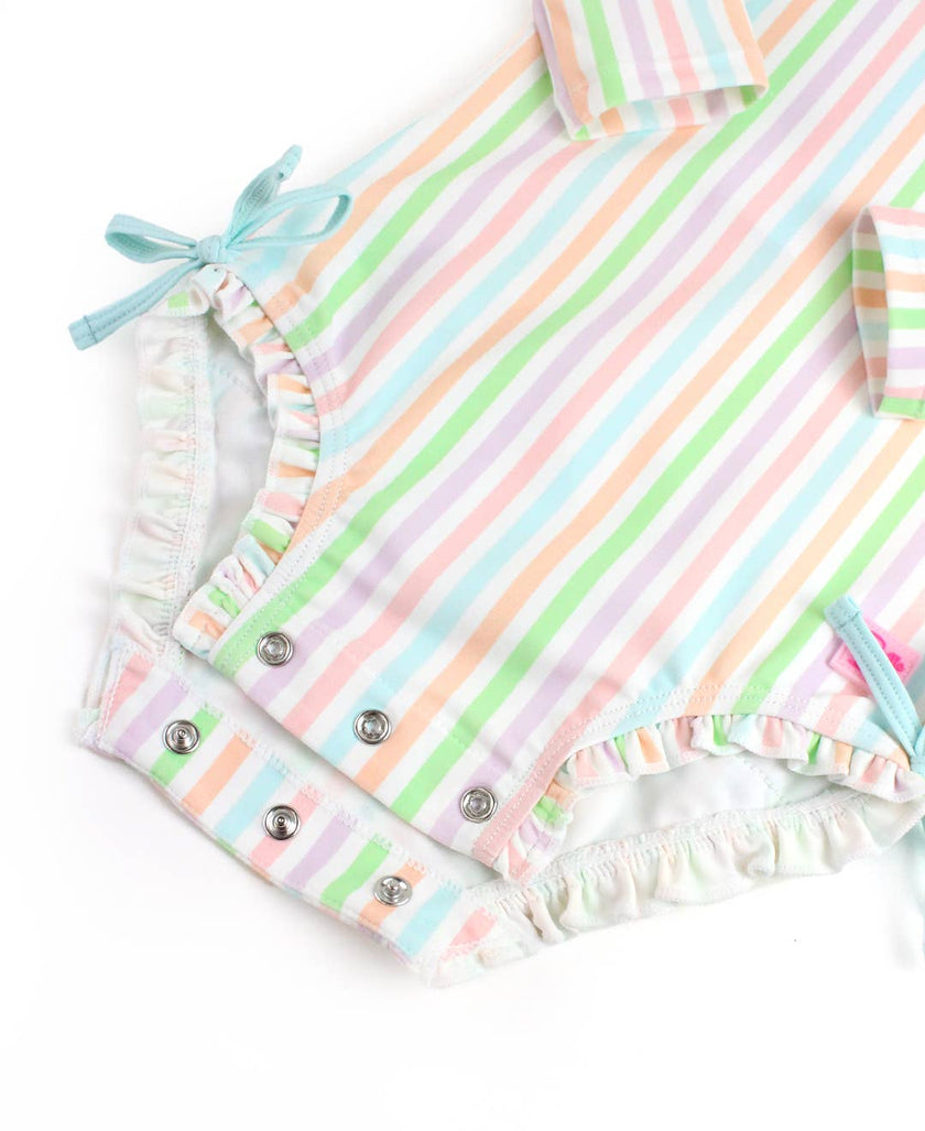 Pale Rainbow Stripe Long Sleeve One Piece Rash Guard