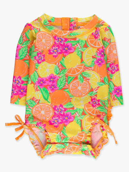 Baby Girls Neon Squeeze the Day Long Sleeve One Piece Rash Guard Swimsuit with Signature Rear Ruffles