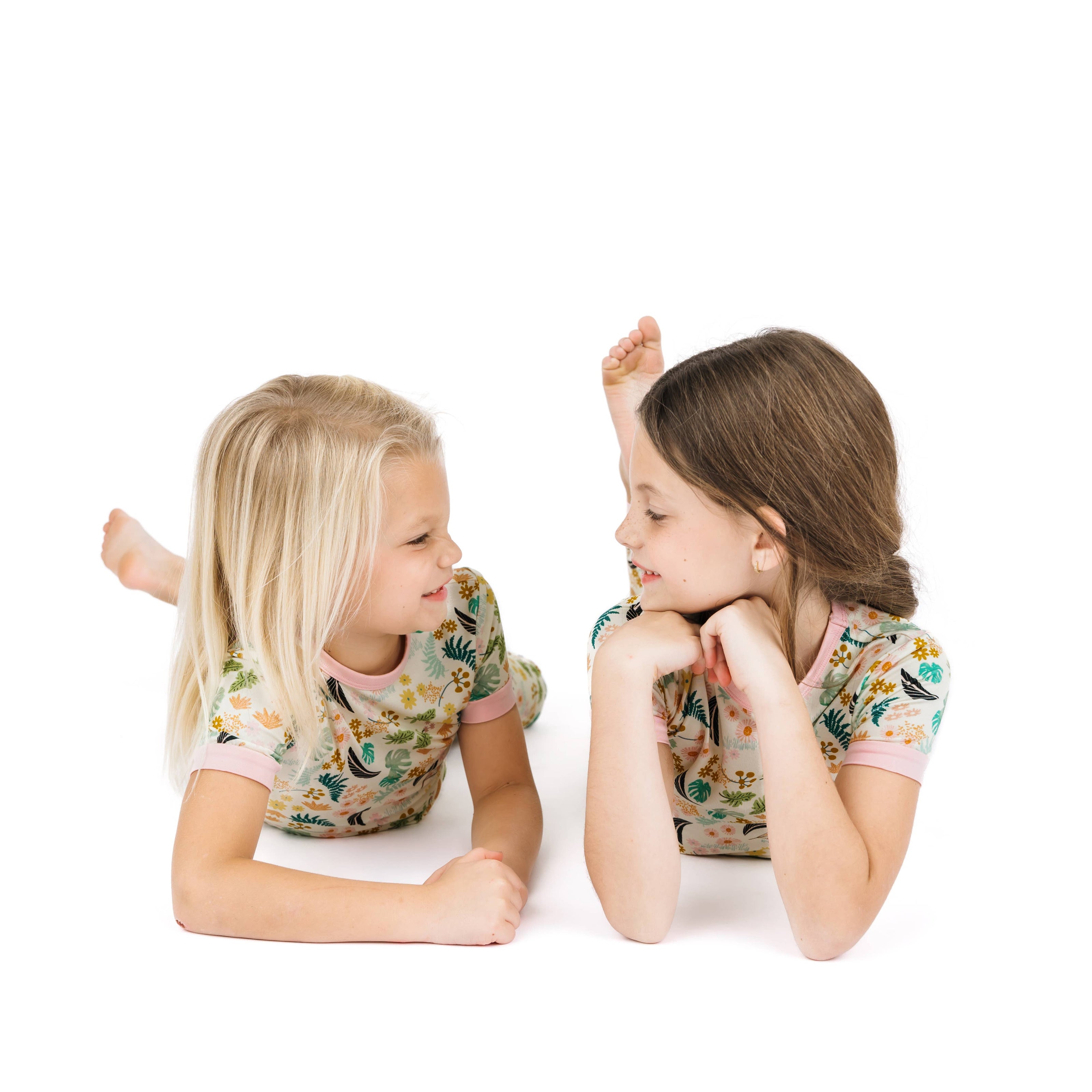 Tropical Blooms Two-Piece Bamboo Short Sleeve Pajama Kids Pants Set