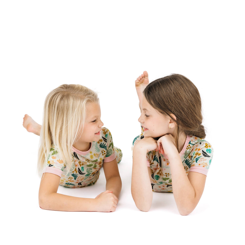 Tropical Blooms Two-Piece Bamboo Short Sleeve Pajama Kids Pants Set