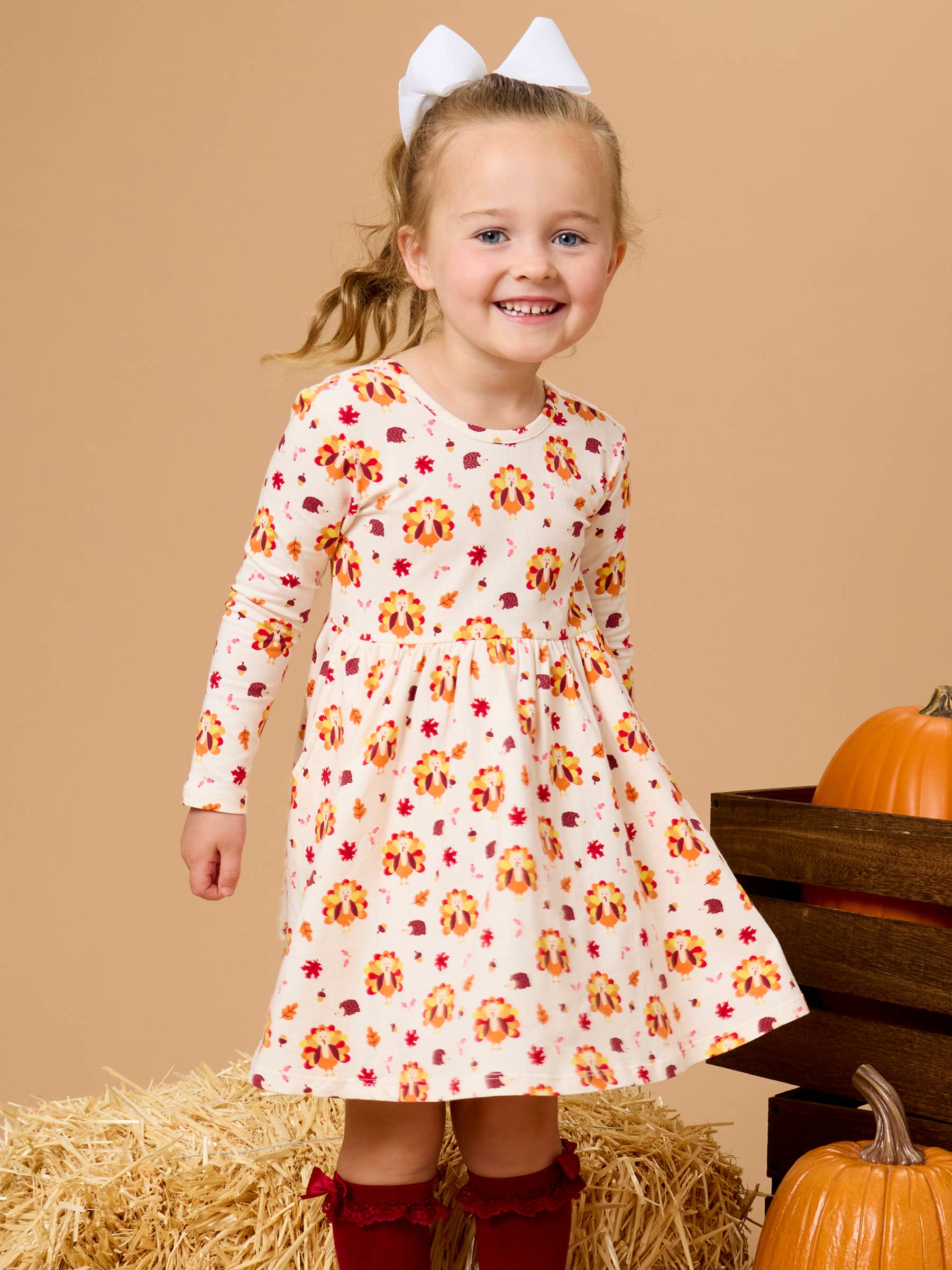 Girls Thanksgiving Turkey Gobble Knit Long Sleeve Twirl Dress
