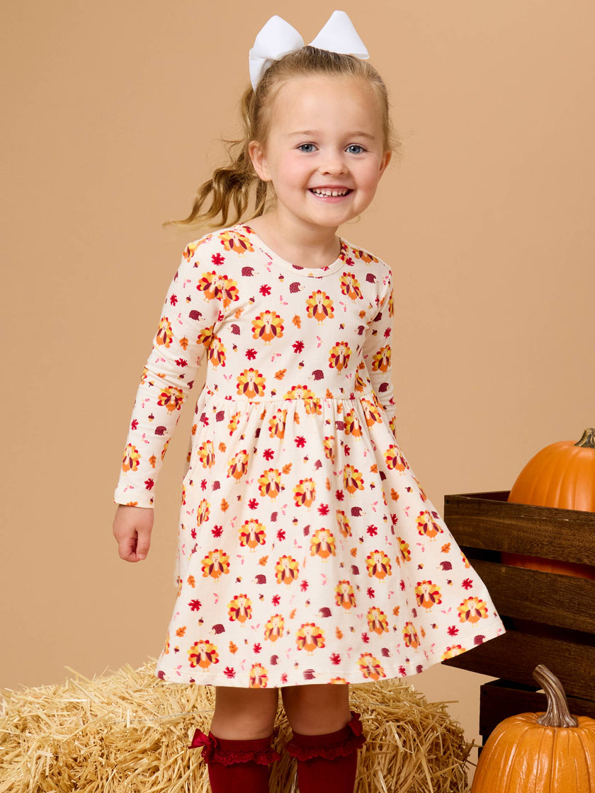Girls Thanksgiving Turkey Gobble Knit Long Sleeve Twirl Dress
