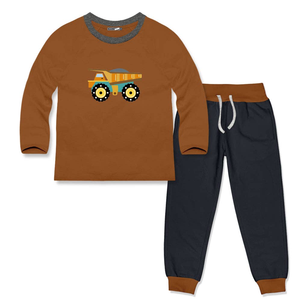 Kids Caramel Cafe & Charcoal Construction Truck Tee & French Terry Joggers