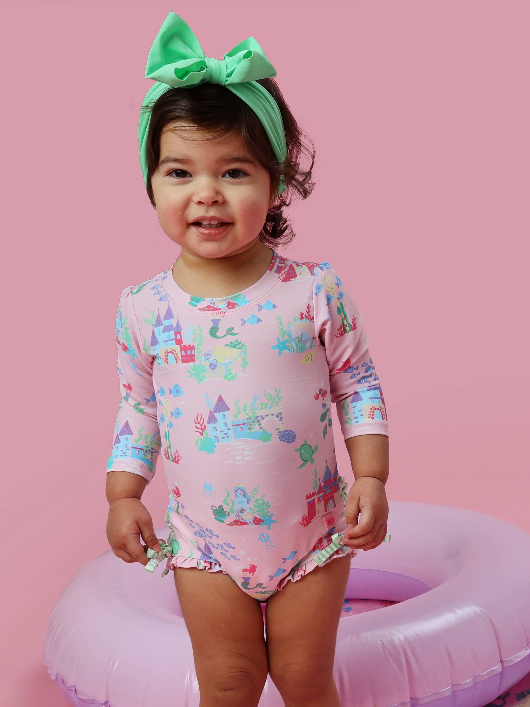 Baby Girls Atlantis Mermaids Long Sleeve One Piece Rash Guard Swimsuit