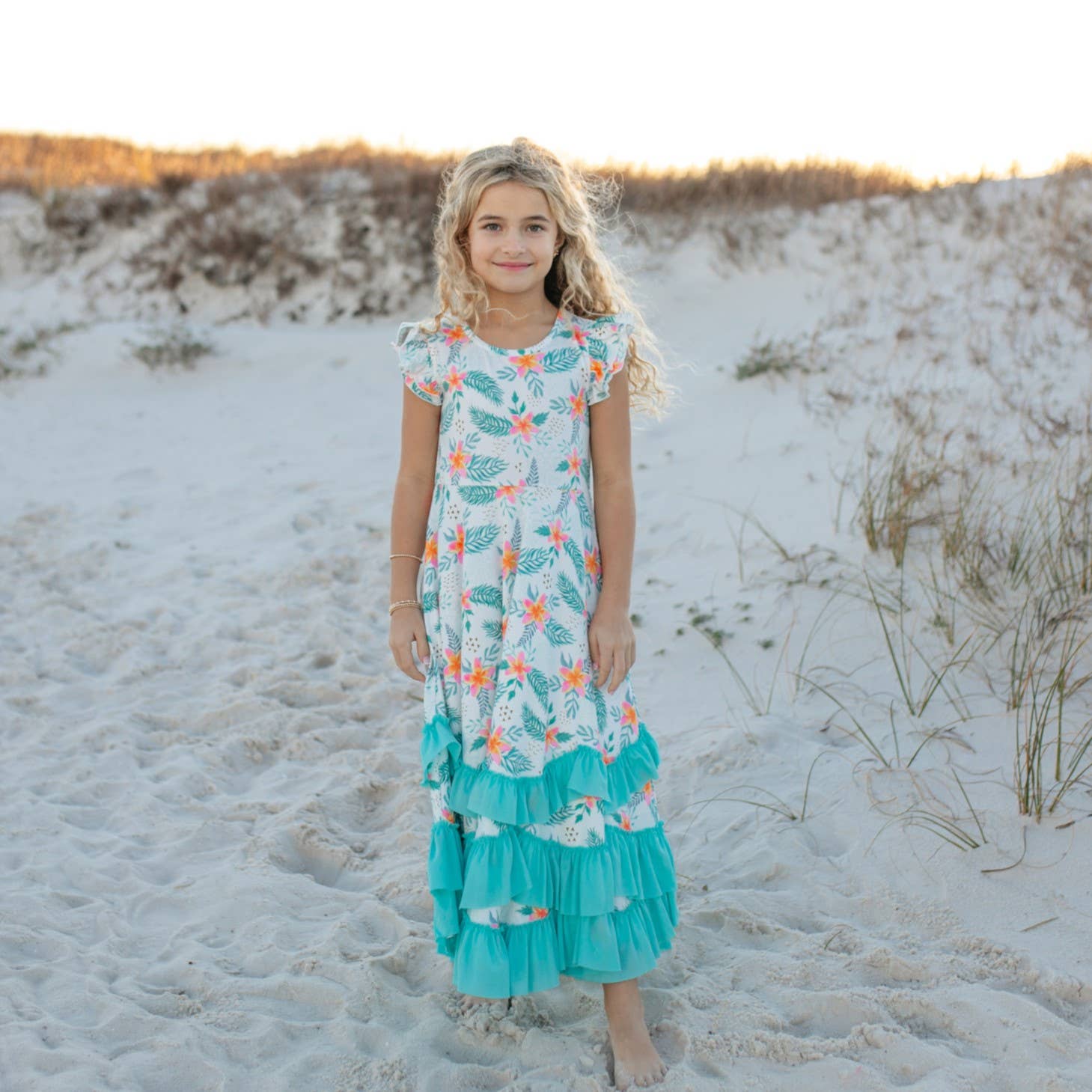 Girls Hawaiian Tropical Flutter Sleeve Ruffles Summer Dress