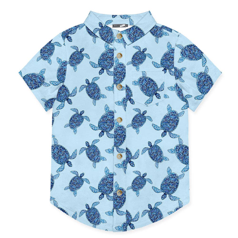 Boys Ice Blue Turtle Tribe Short-Sleeve Button-Up