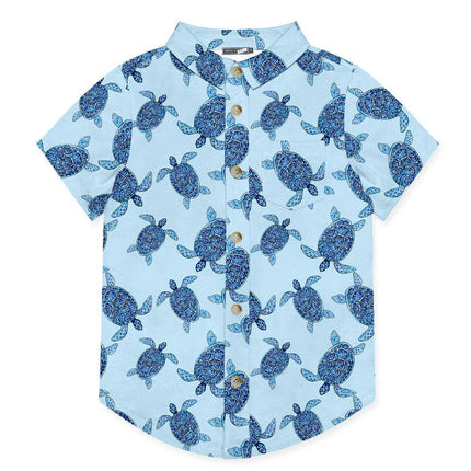 Boys Ice Blue Turtle Tribe Short-Sleeve Button-Up