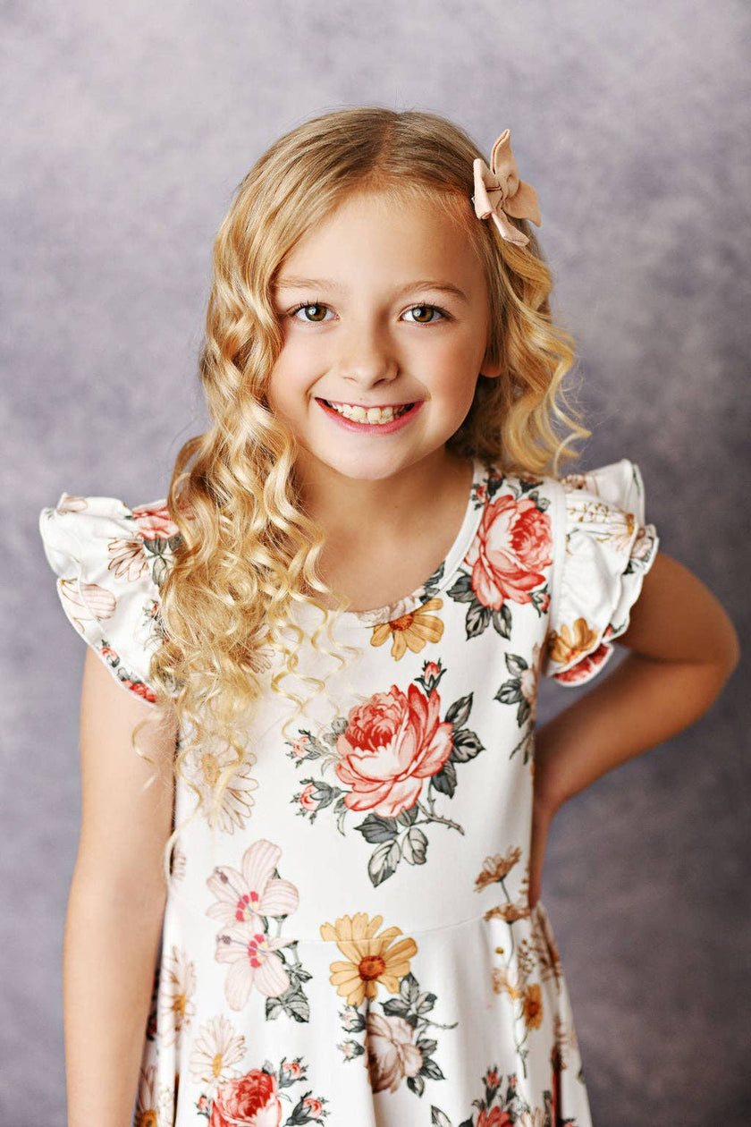 Kids Ivory Botanical Flutter Sleeve Ruffles Spring Dress